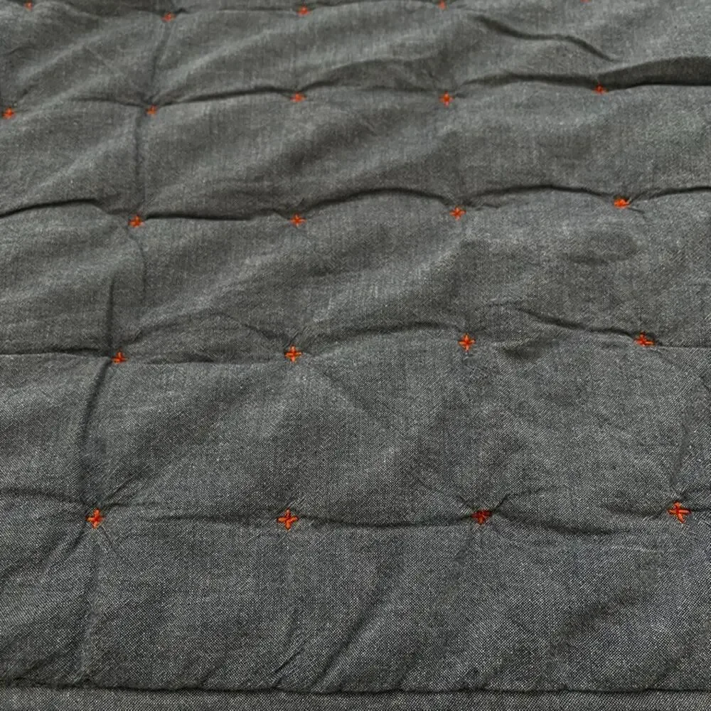 Crate & Barrel Blue Chambray Twin Quilt 66x86 in Orange Accent Stitching